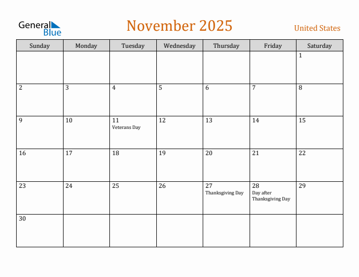 November monthly calendar with united states holidays