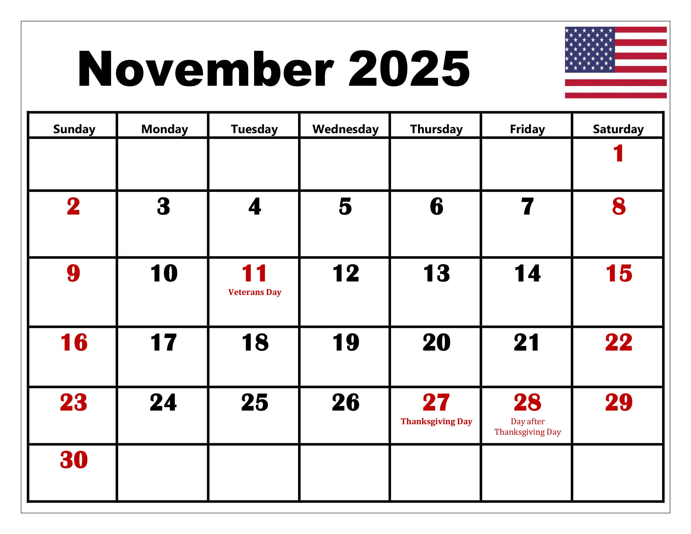 November calendar printable pdf template with holidays