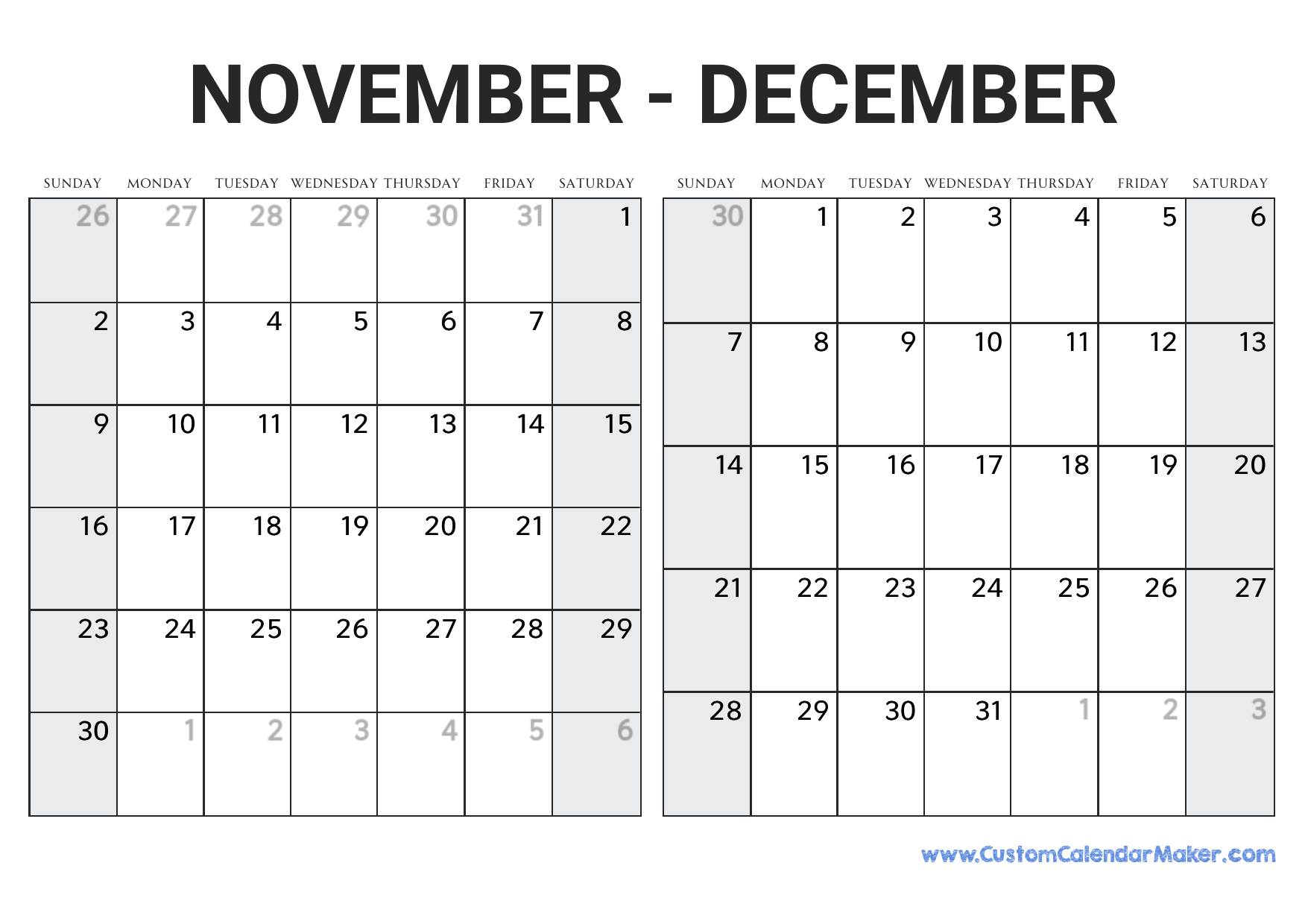 November and december printable calendar template