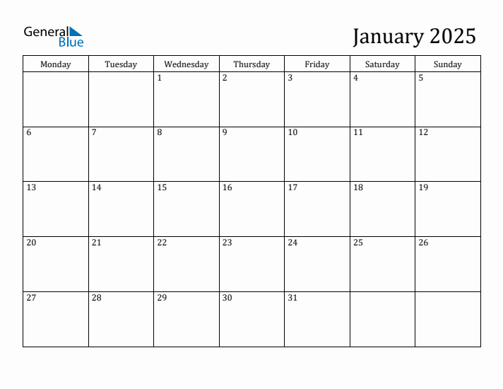 January monday start calendar pdf excel word