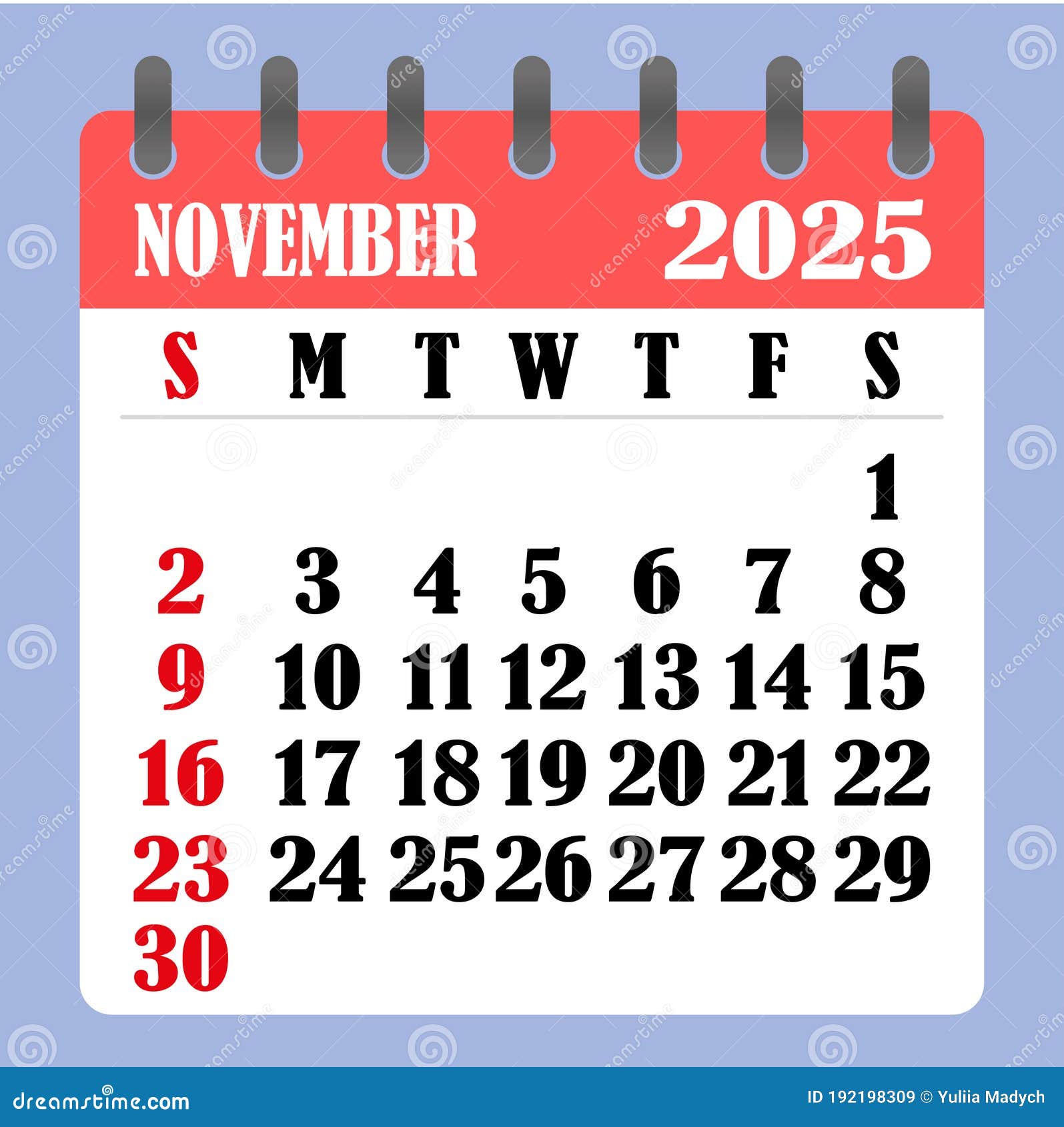 Letter calendar for november the week begins on sunday time planning and schedule concept flat design stock illustration