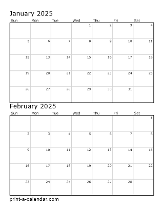 Two months per page vertical stacked printable calendar