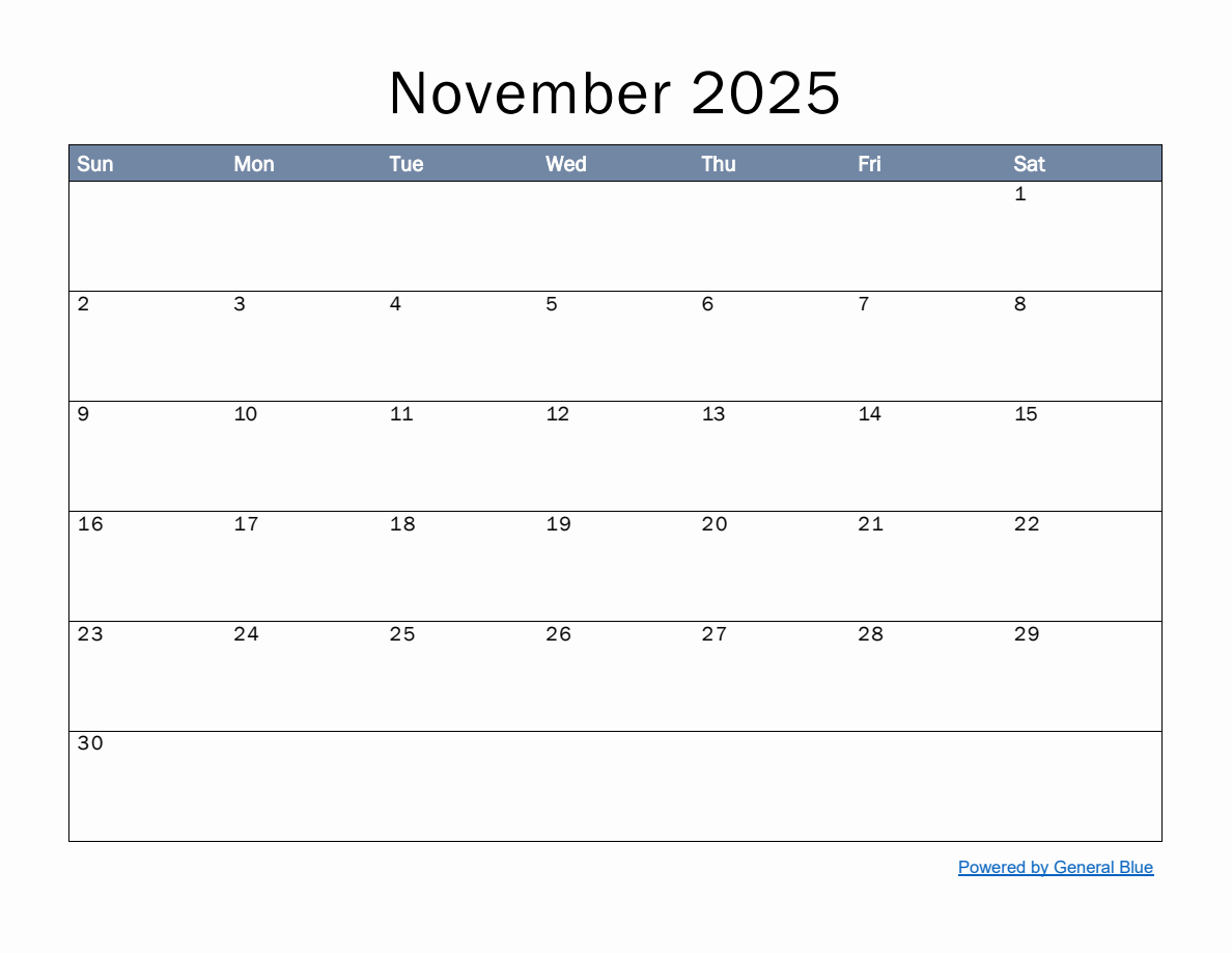 Monthly calendar template for november