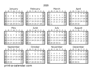 One page yearly calendar with shaded weekends