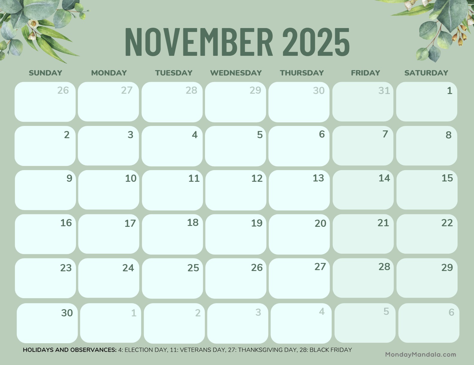 November calendar free pdf printables