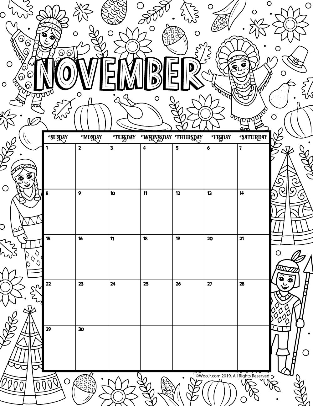 November coloring calendar woo jr kids activities childrens publishing coloring calendar calendar printables printable calendar template