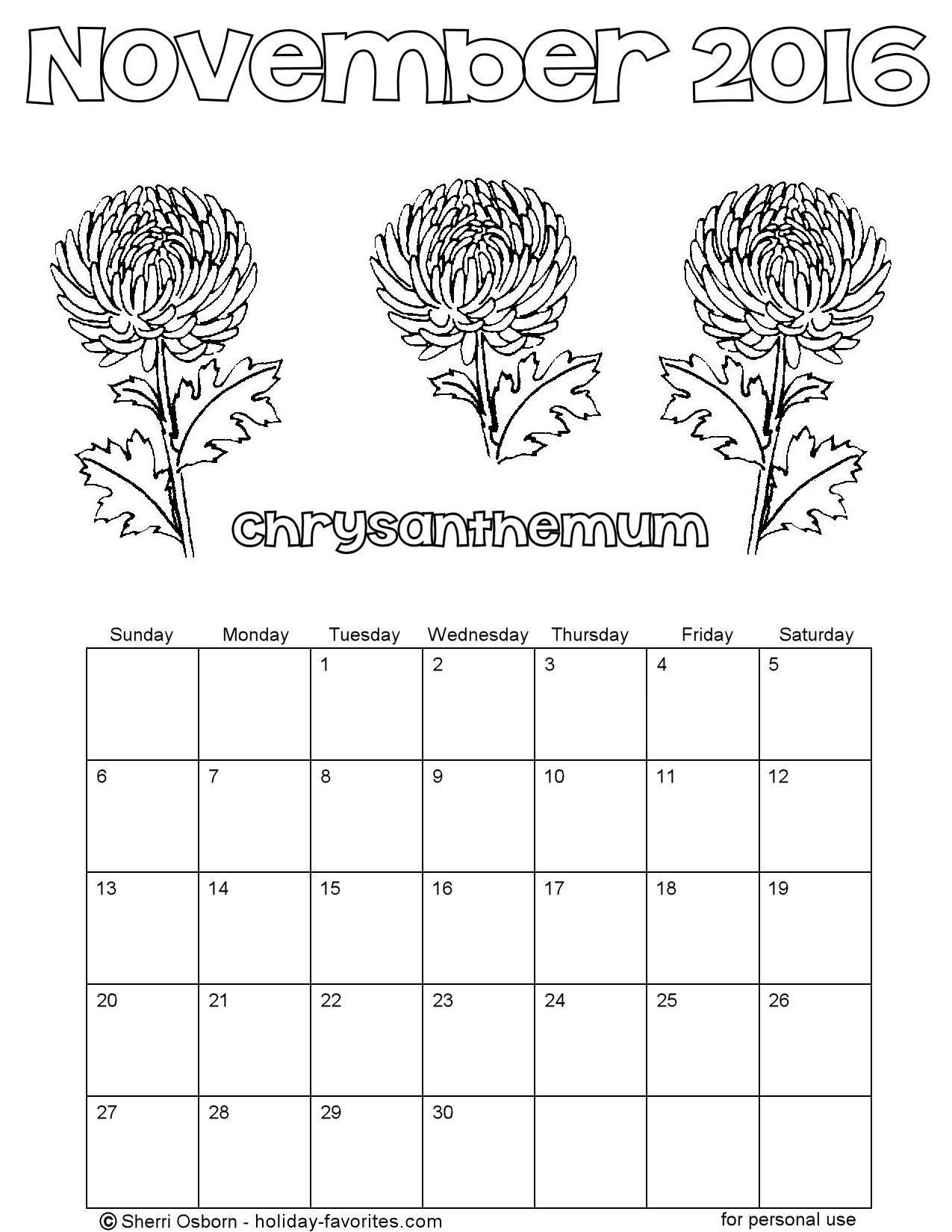 Printable november calendars holiday favorites