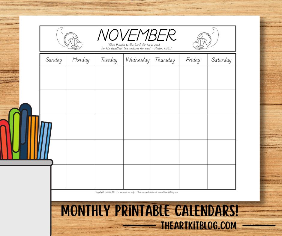 November undated monthly calendar coloring page with bible verse free printable download â the art kit