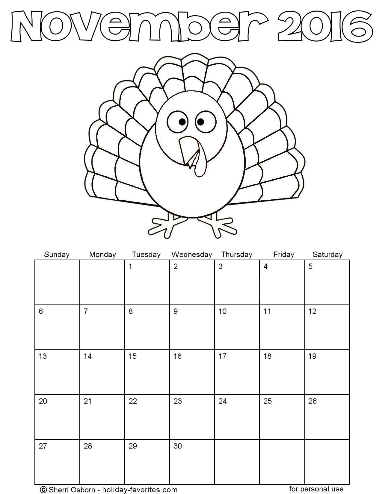 Printable november calendars holiday favorites