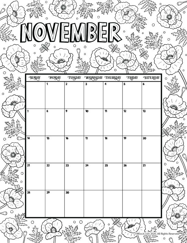 November printable calendar page woo jr kids activities childrens publishing printable calendar pages coloring calendar calendar printables