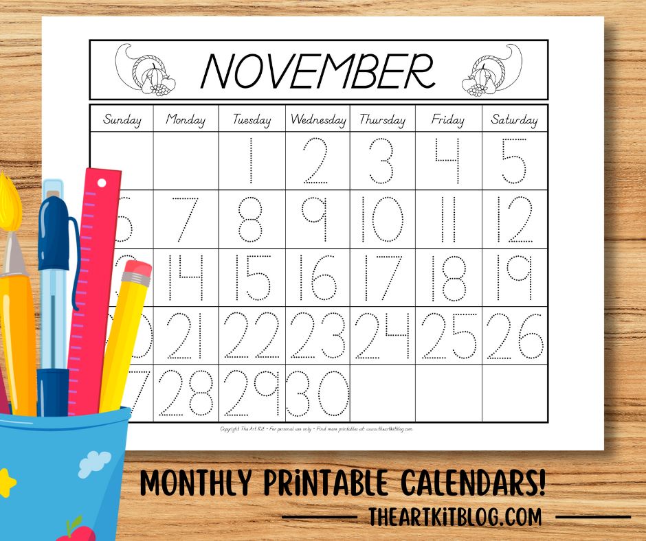 November dated calendar coloring page free printable download â the art kit