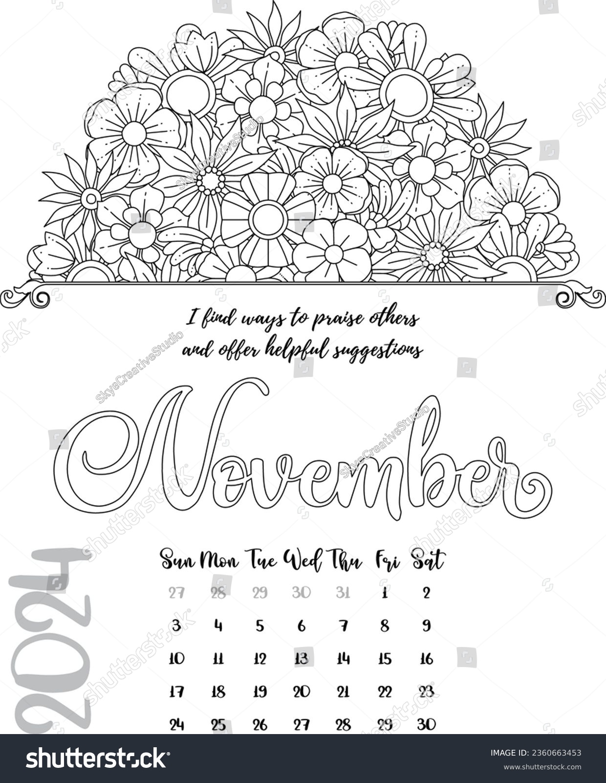 Mandala affirmation calendar coloring page november stock vector royalty free