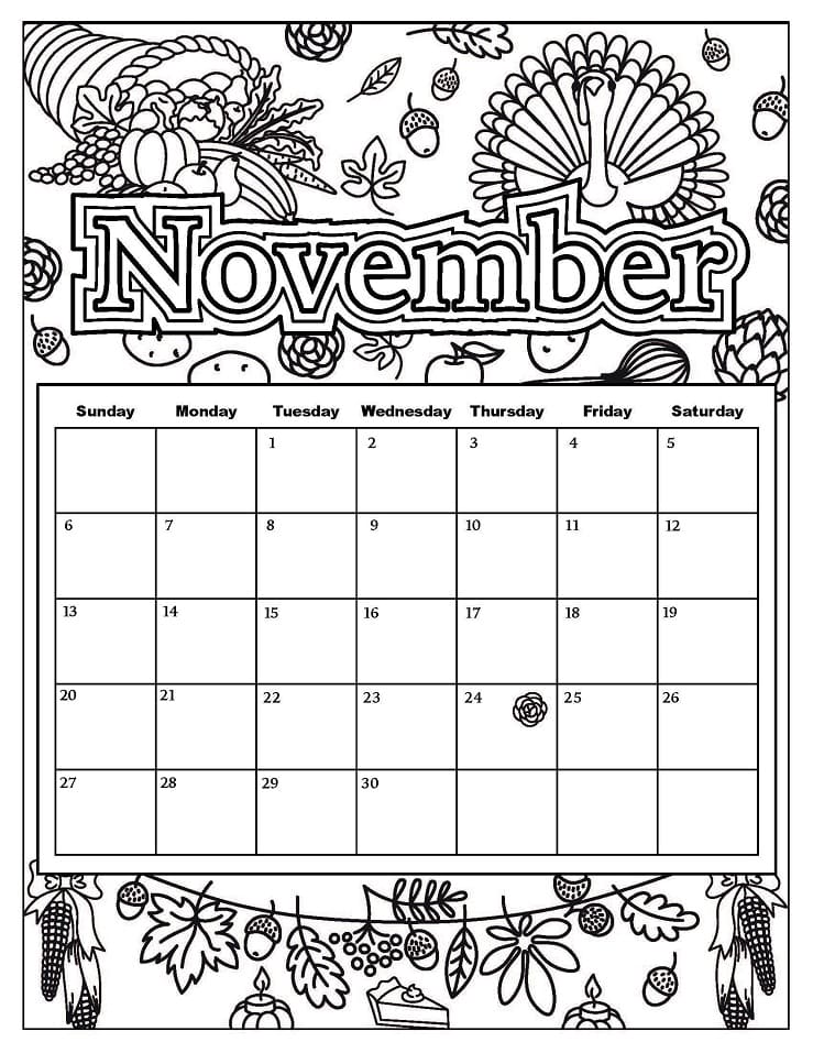 Print november calendar coloring page