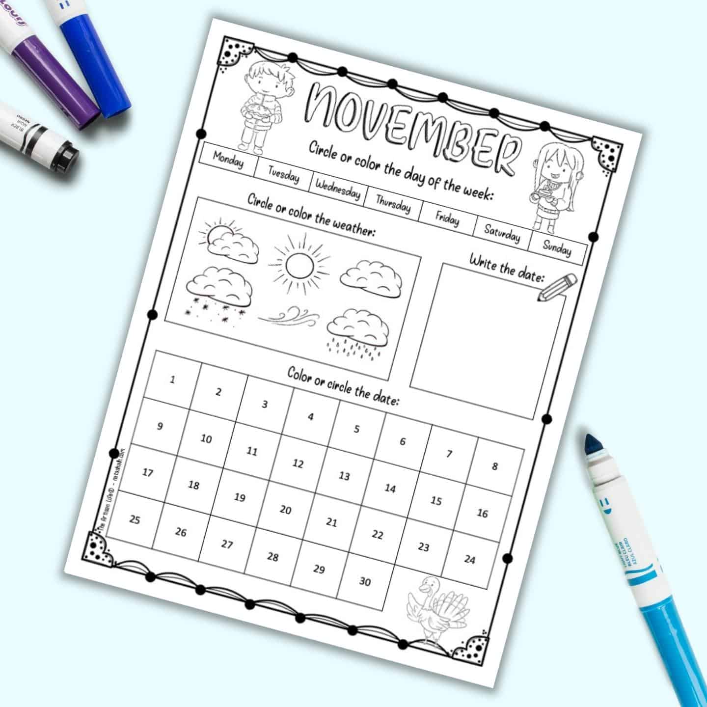 Free printable november calendar worksheet for kids