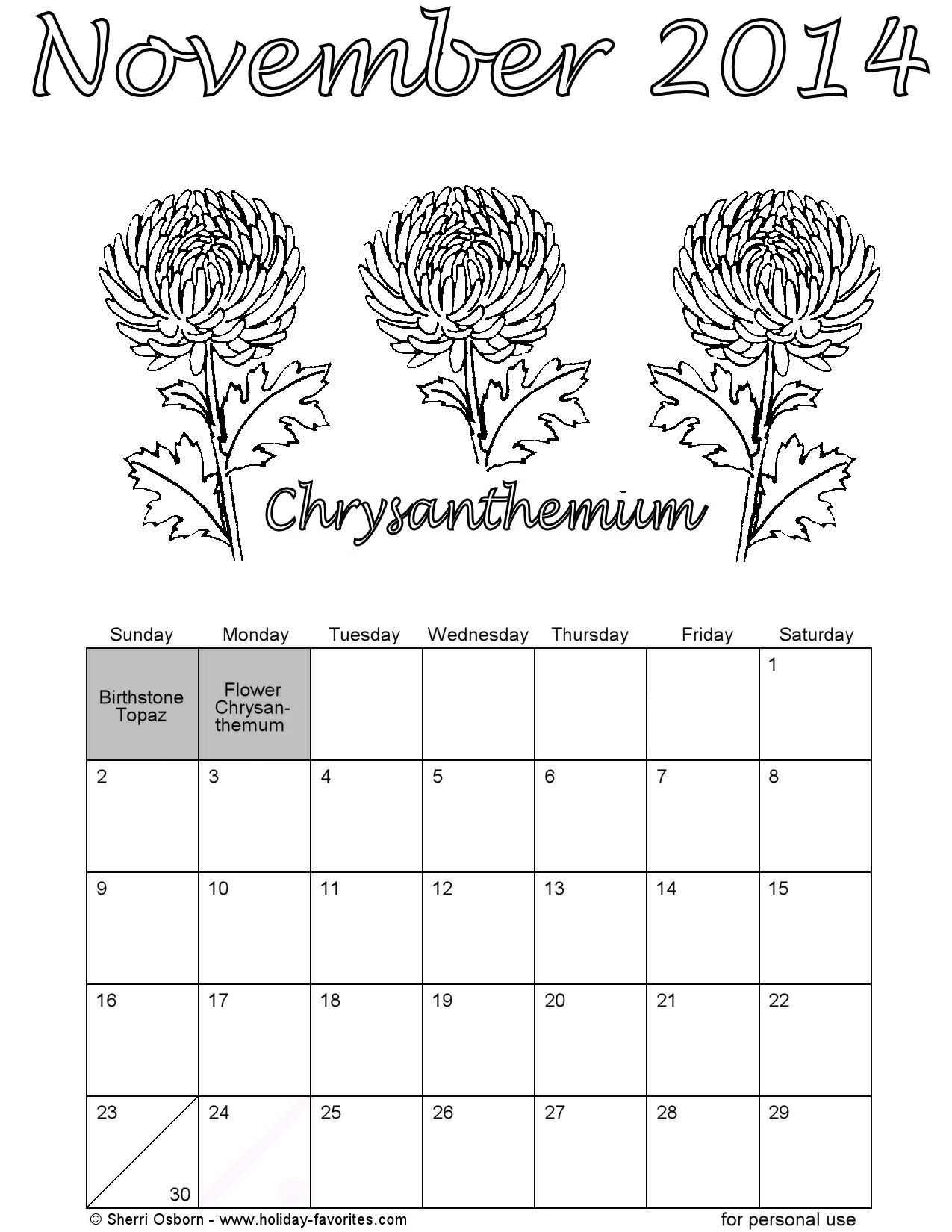 Printable november calendars holiday favorites free printable coloring pages november calendar printable coloring pages