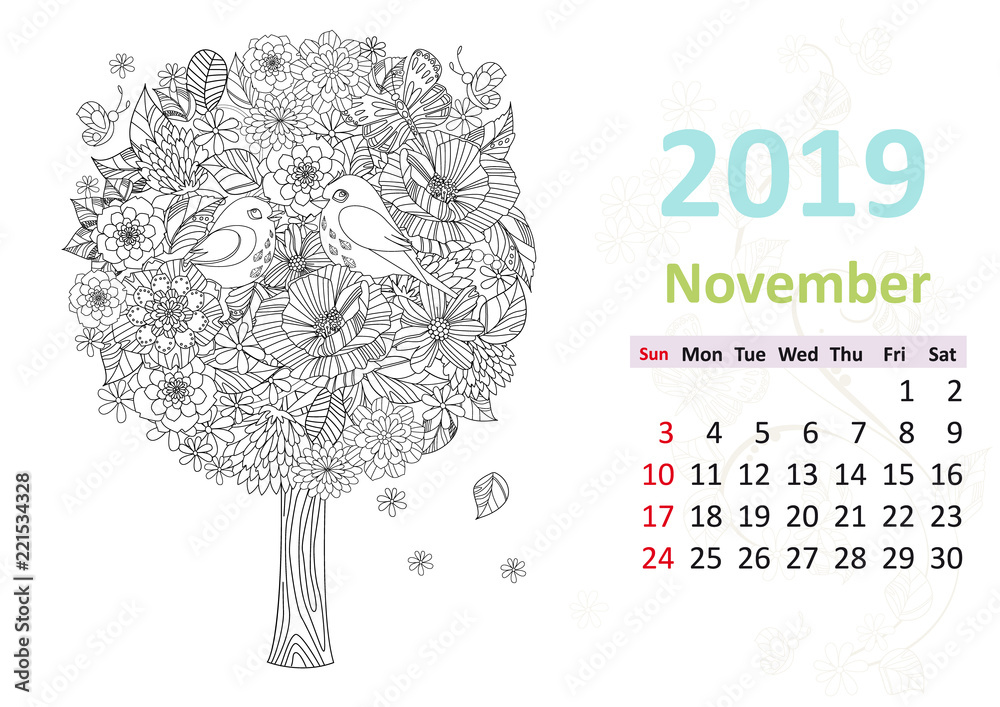 Happy coloring page calendar for november vector