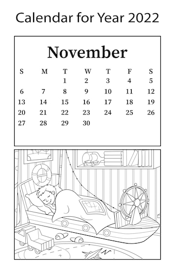 Premium vector calendar for month of november vector coloring book design of a children room for boy child