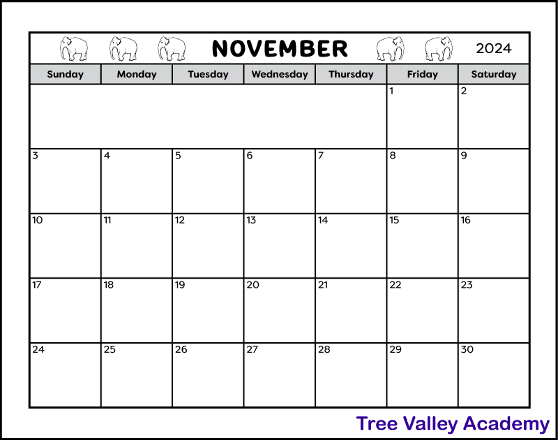 Kids printable calendar worksheet for november