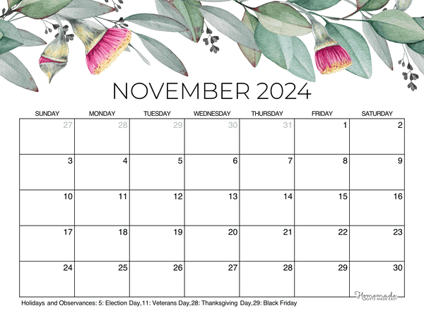 November calendar free printable with holidays