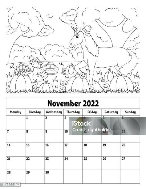 Vertical calendar for with a cute character coloring page for kids week starts on monday isolated vector illustration cartoon style stock illustration