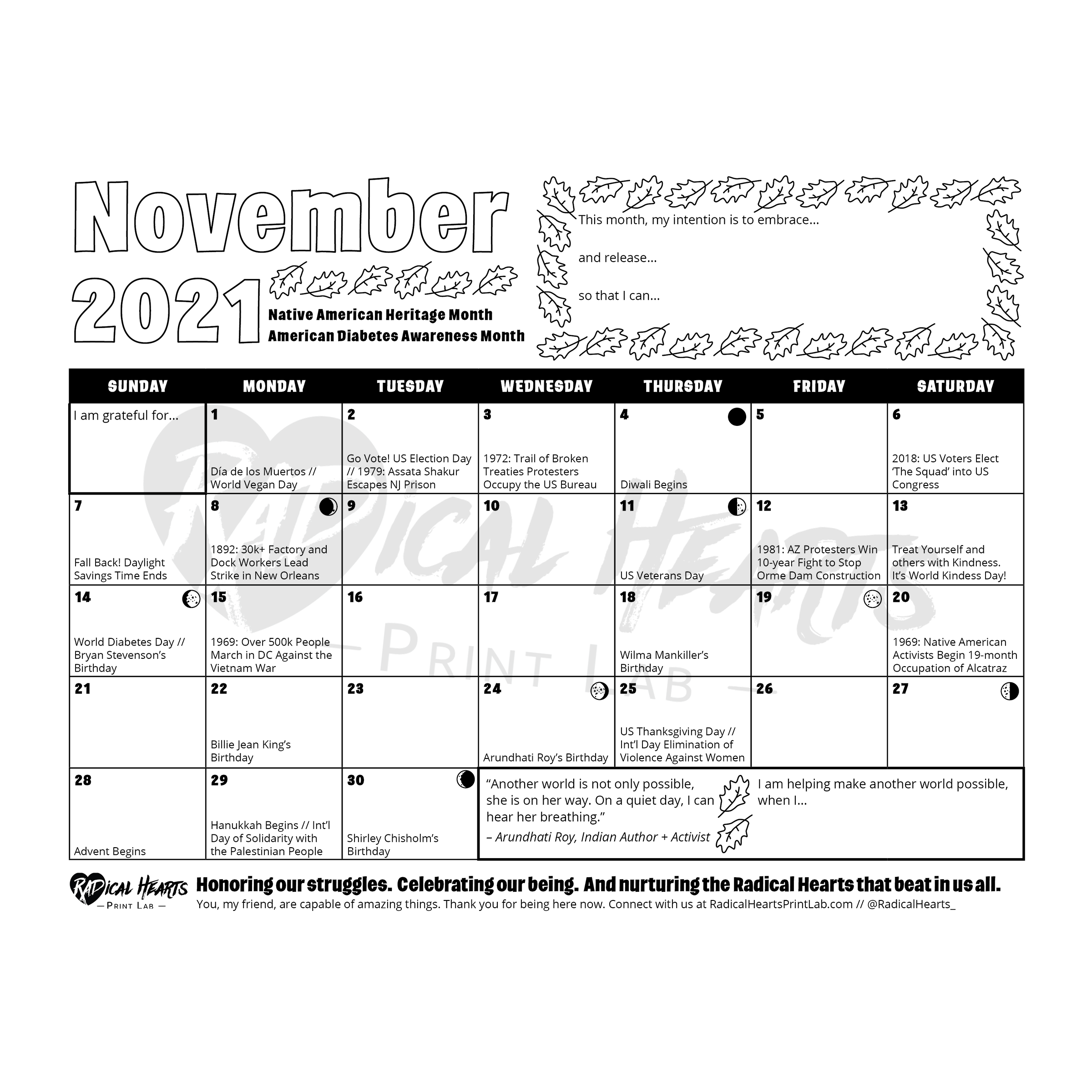 November printable calendar free download with social justice and radical facts