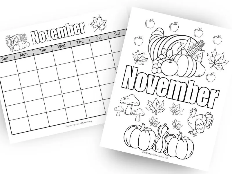 November calendar and coloring page for kids