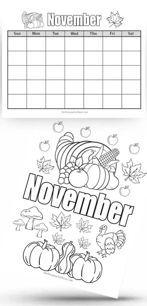 November calendar and coloring page for kids