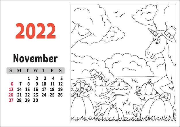 Premium vector calendar for with a cute character fairy unicorn coloring page