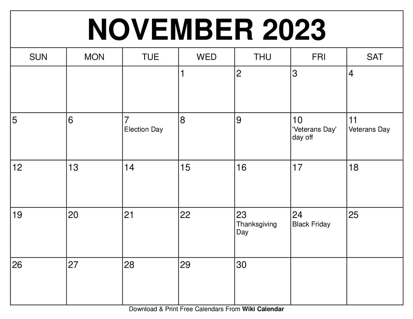 Printable november calendar templates with holidays