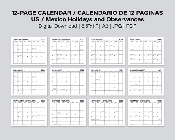 Printable bilingual monthly calendar calendario inglãs