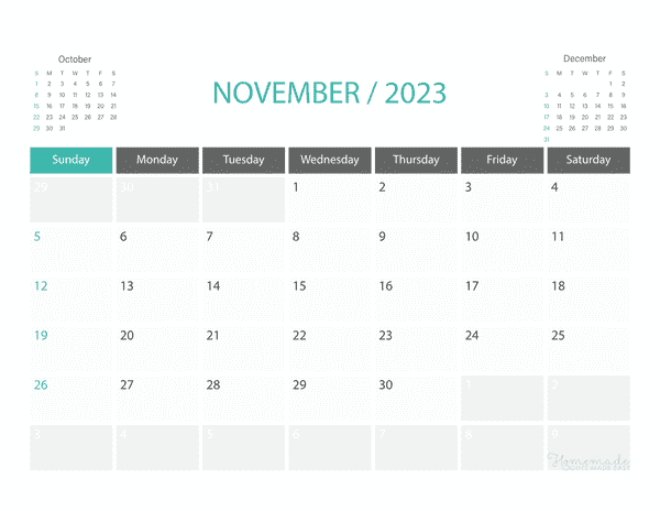 November calendar free printable with holidays
