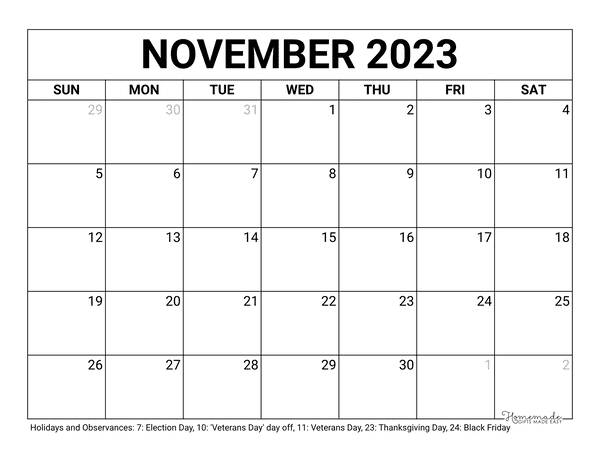 November calendar free printable with holidays