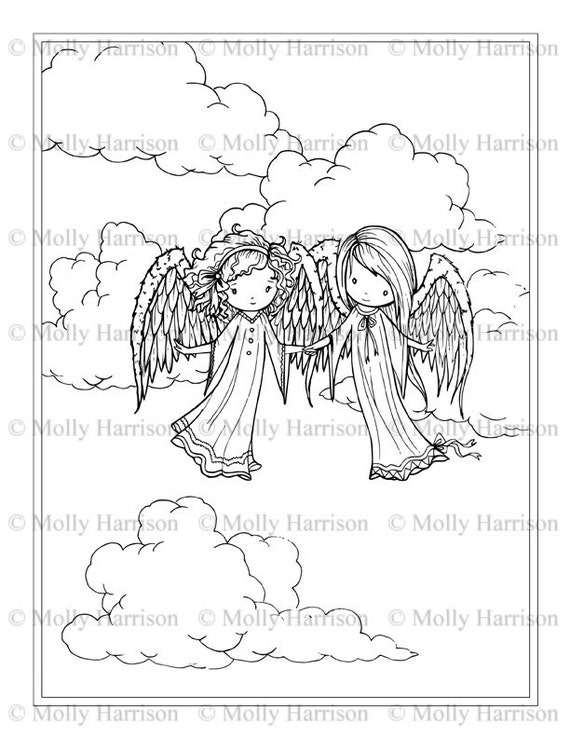 Pequeãas hermanas de angel en las nubes para colorear pãgina imprimir instantãnea descargar descargables todos las edades chrismas