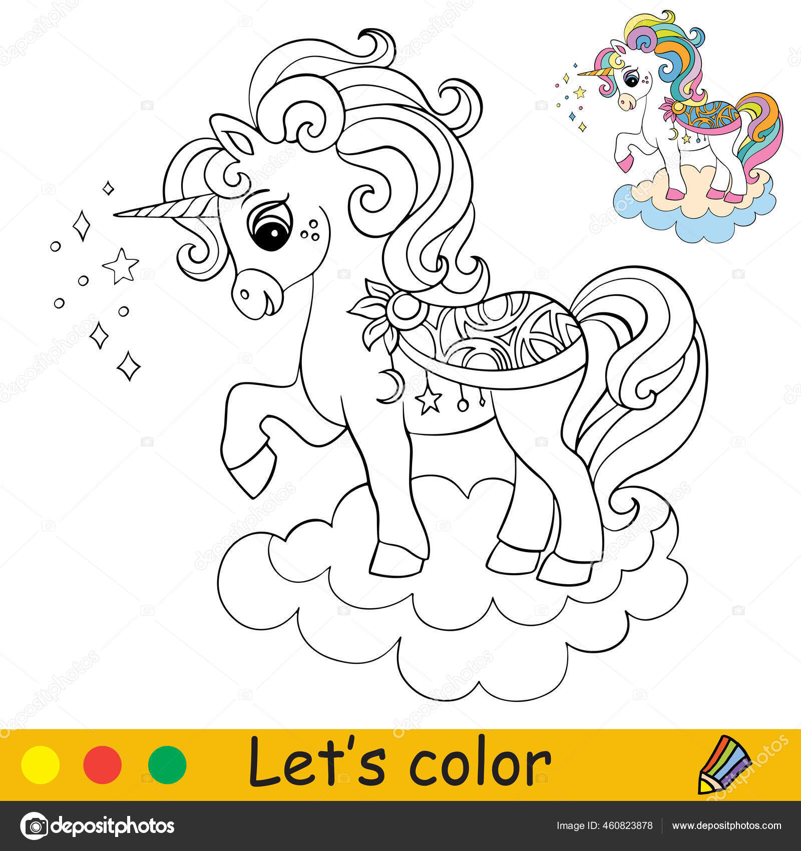 Lindo unicornio dibujos animados una nube pãgina libro para colorear vector de stock por alinart