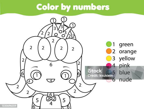 Coloring page for kids educational children game cute princess girl color by numbers activity stock illustration