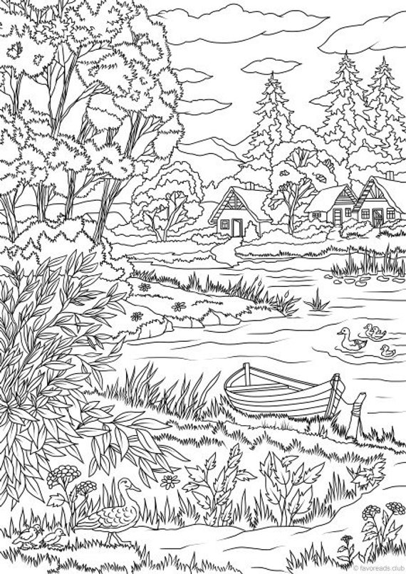 Coloring pages nature landscape forest mountains sea island