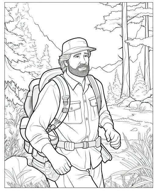 Premium ai image coloring page for kids man exploring nature