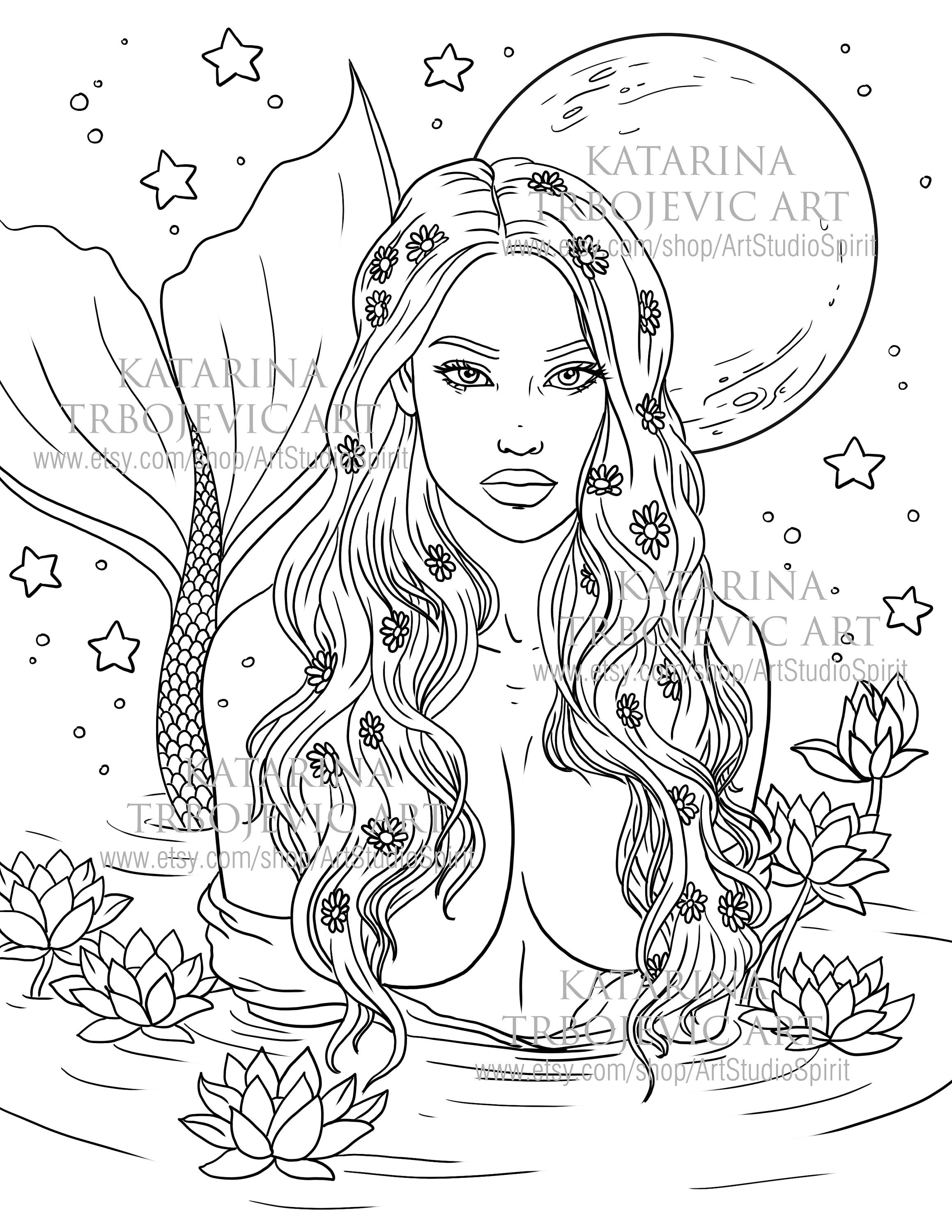 Nude mermaid fantasy coloring page printable coloring page instant download jpeg pdf coloring page for adults