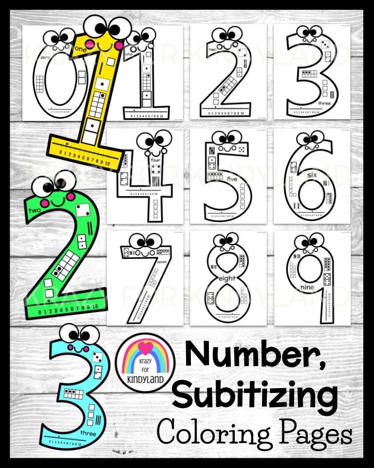 Number subitizing coloring pages for kindergarten math