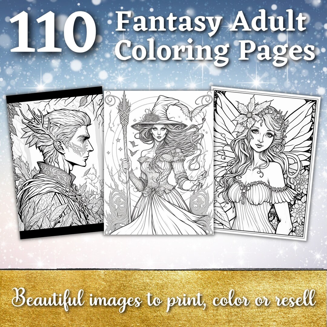 Fantasy coloring pages printable coloring book coloring pages for adults fairys witches huntsman dragons digital coloring