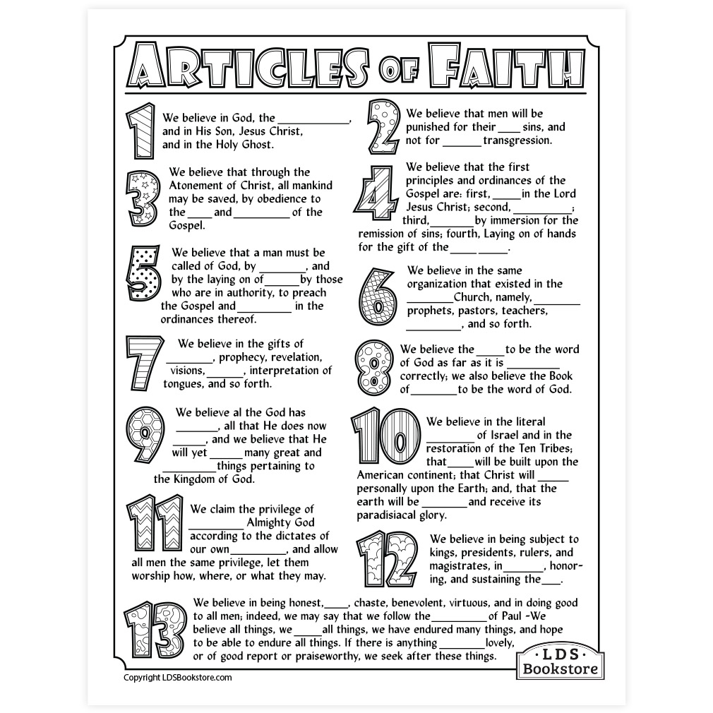 Articles of faith coloring activity page