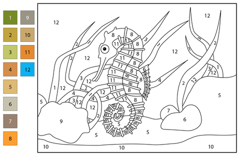 Seahorse color by number free printable coloring pages