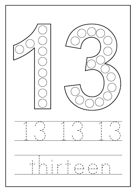 Premium vector learning numbers for kids number thirteen math worksheet