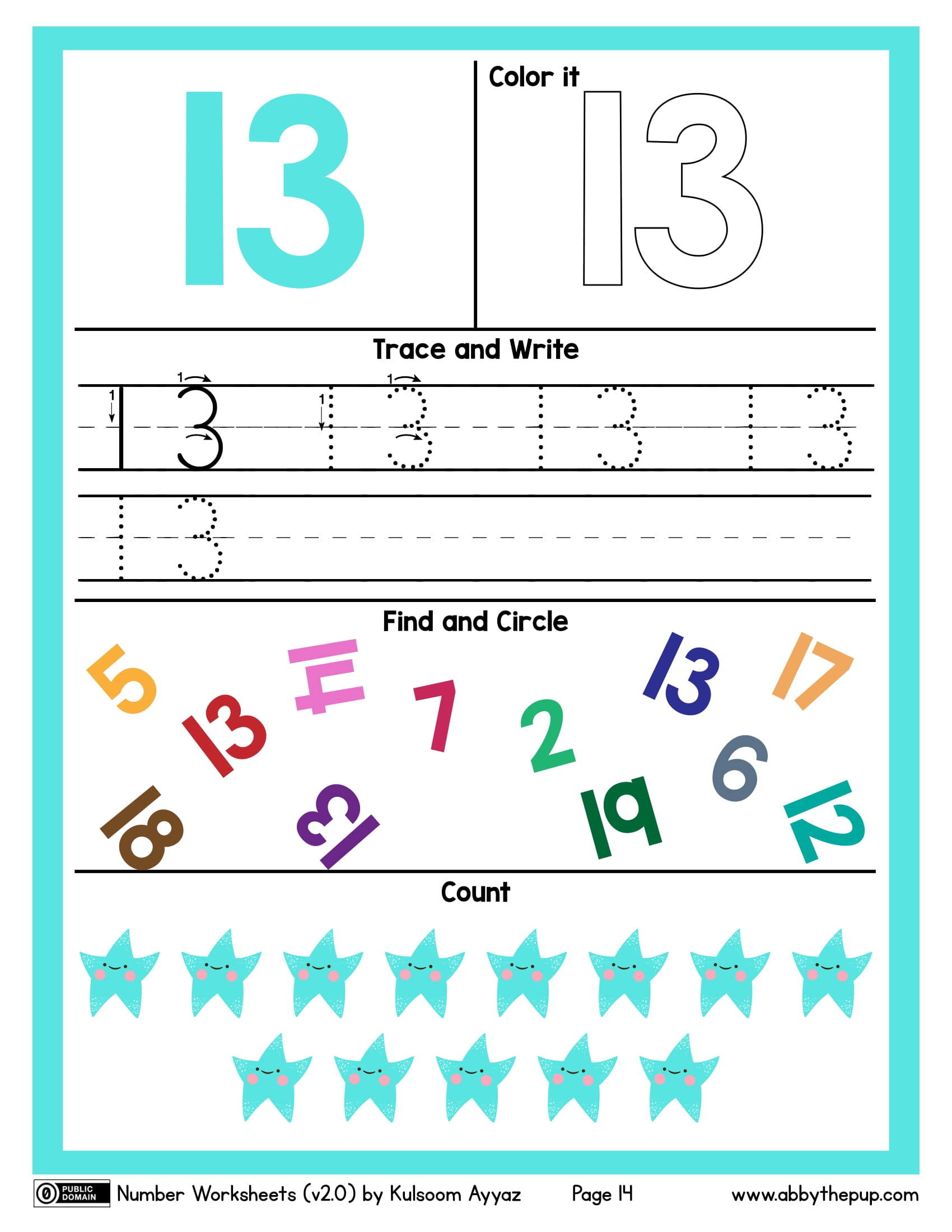 Number color trace write find and count worksheet free printable puzzle games