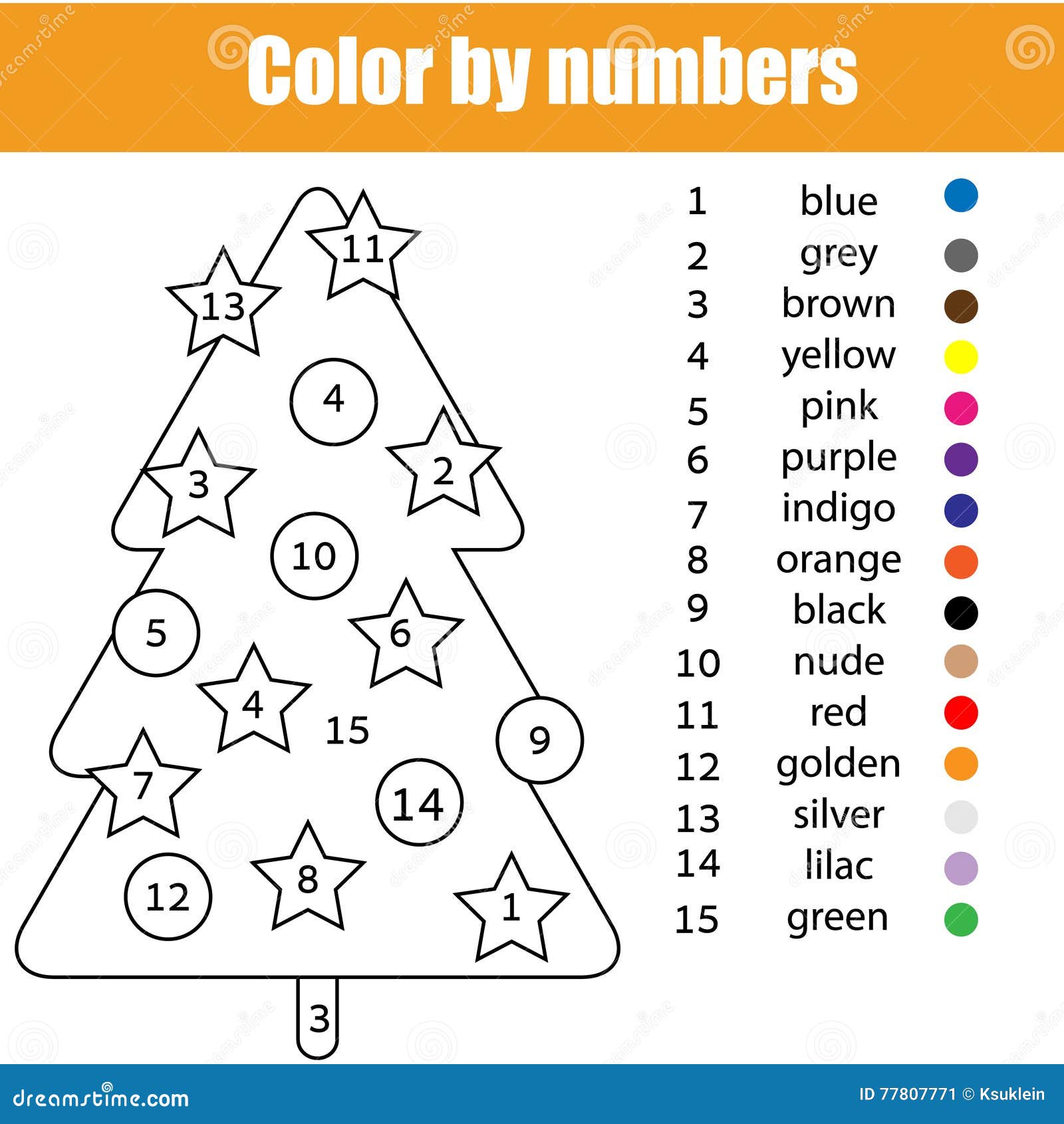 Coloring page with christmas tree color by numbers stock vector