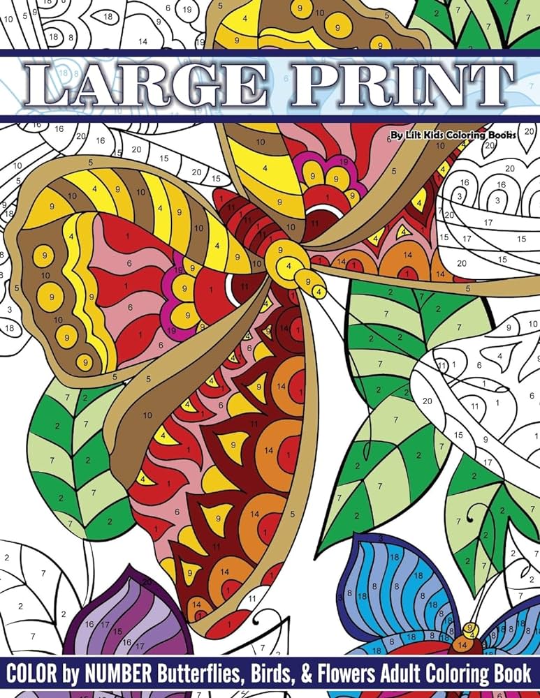 Large print color by number butterflies birds and flowers adult coloring book coloring books lilt kids books