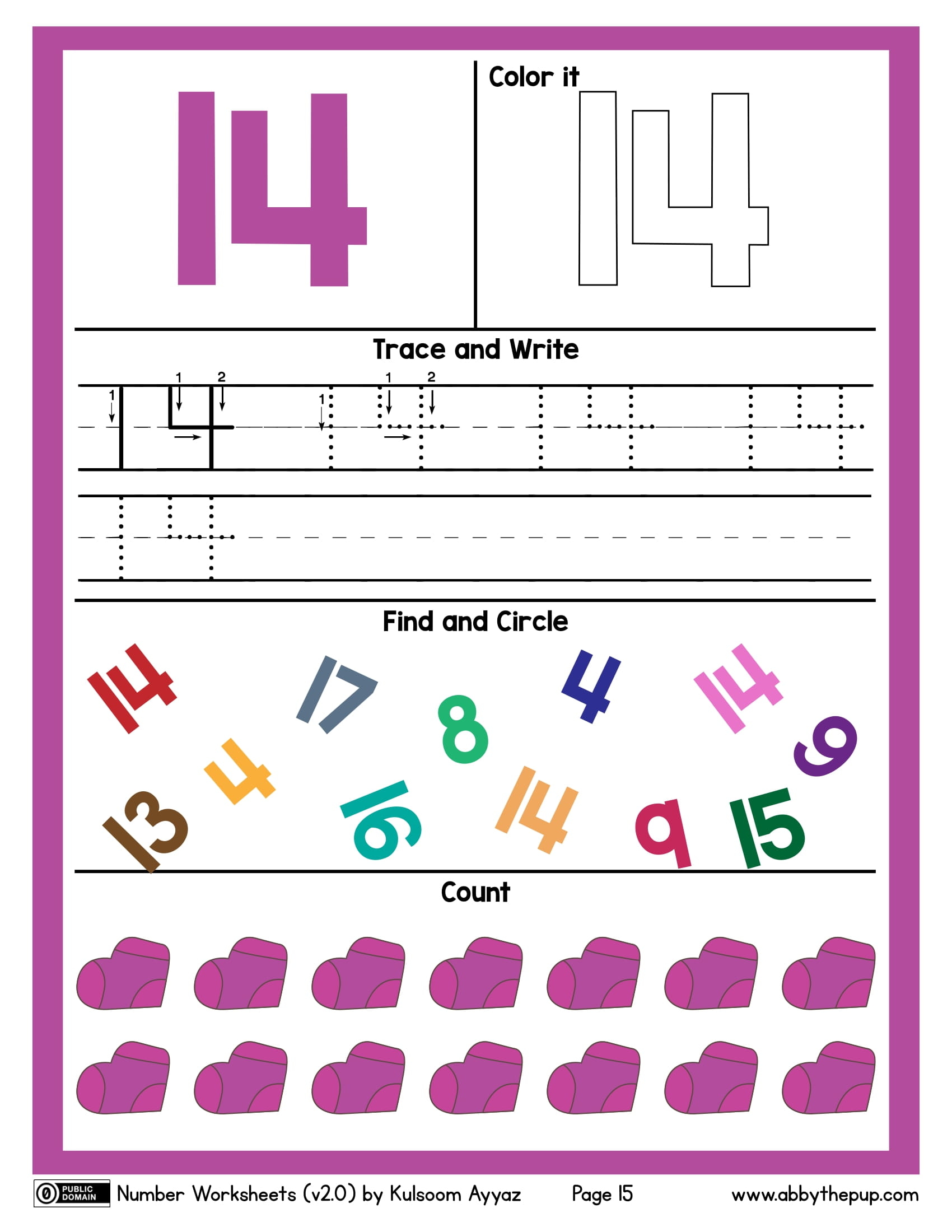 Number color trace write find and count worksheet free printable puzzle games