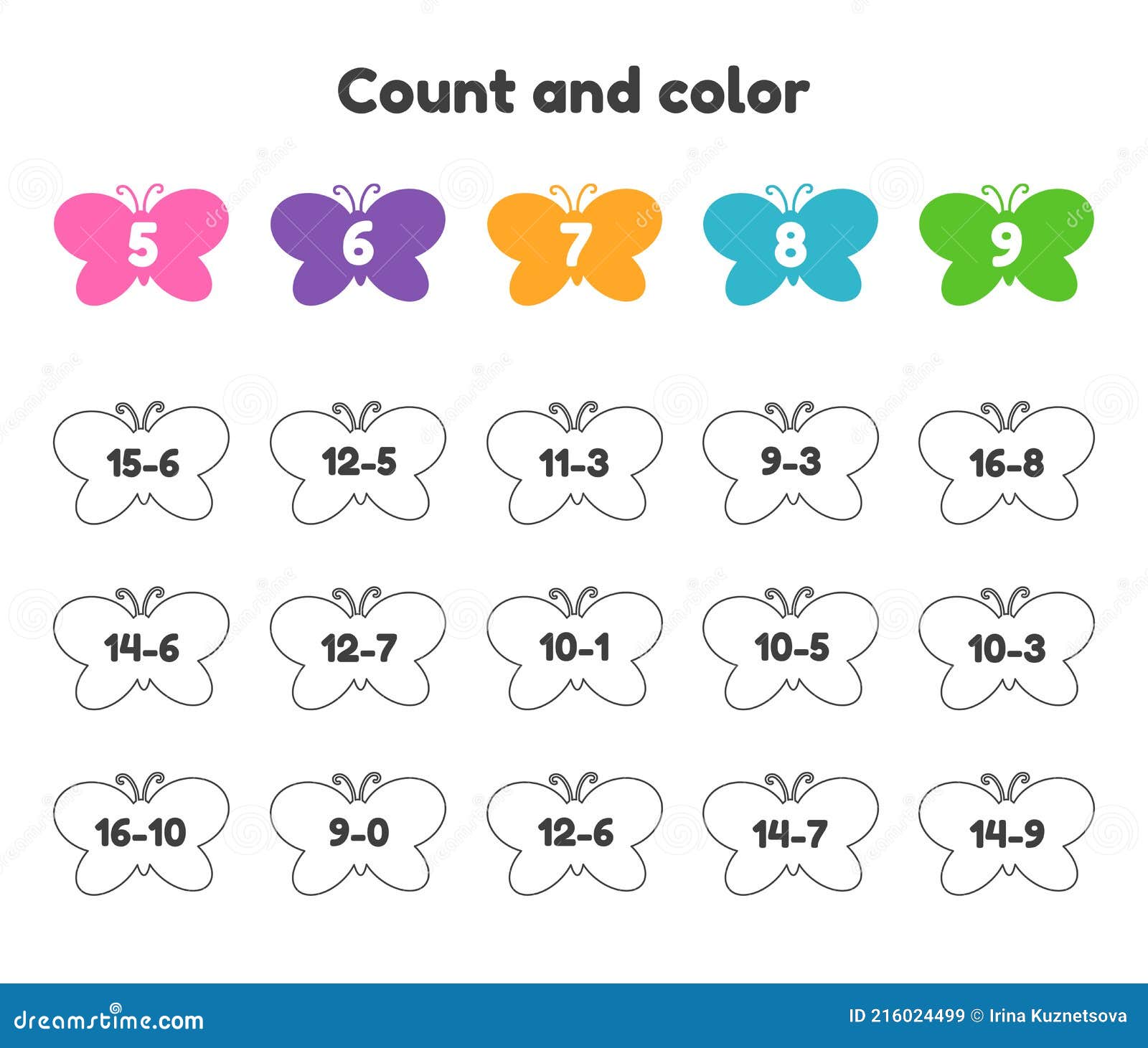 Coloring book number for kids worksheet for preschool kindergarten and school age subtraction count and color stock vector