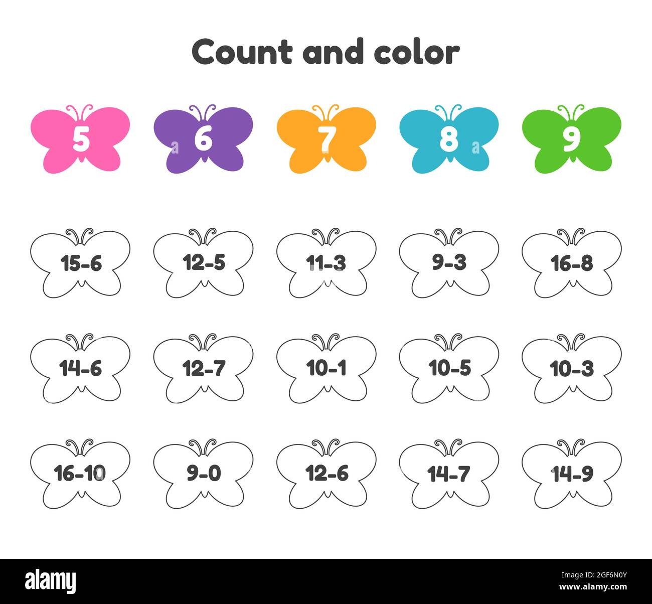 Vector illustration coloring book number for kids worksheet for preschool kindergarten and school age subtraction count and color butterflies stock vector image art