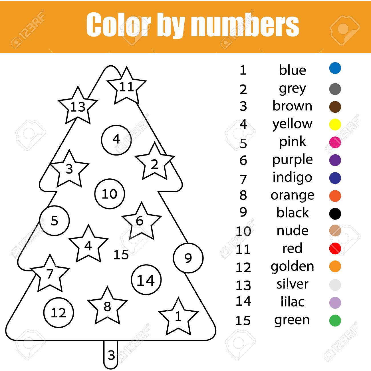 Coloring page with christmas tree color by numbers task printable worksheet for kids preschool age royalty free svg cliparts vectors and stock illustration image